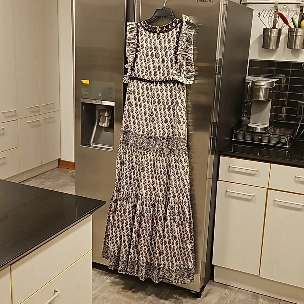 💕TORY BURCH Amita Appliquéd Printed Cotton Maxi Dress Ivory Guru Border Print 0